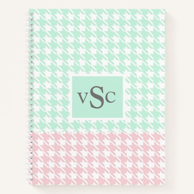 Green Pink Houndstooth Pattern Monogram Modern Notebook (Front)