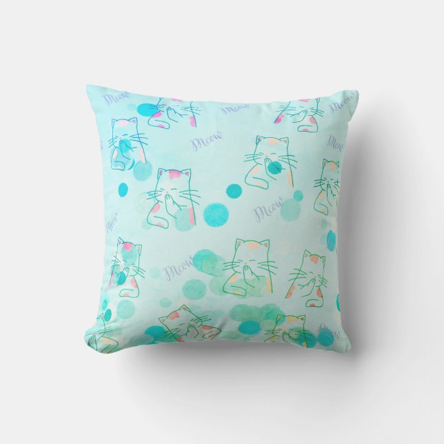 Green & Pink Kitty Throw Pillow (Front)