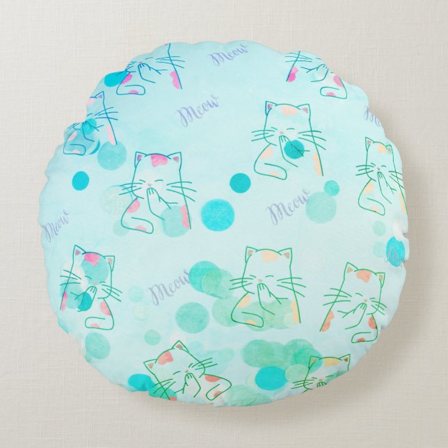 Green & Pink Kitty Throw Pillow (Front)