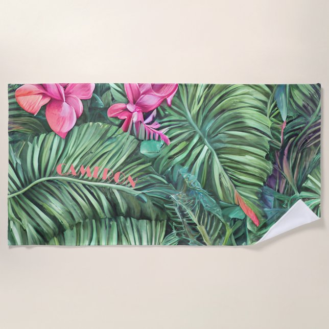 Green Pink Leaf Pattern Personalised Summer Beach Towel (Front)