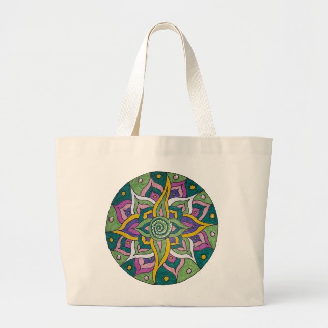 Green/Pink Lotus Mandala Tote Bag (Front)
