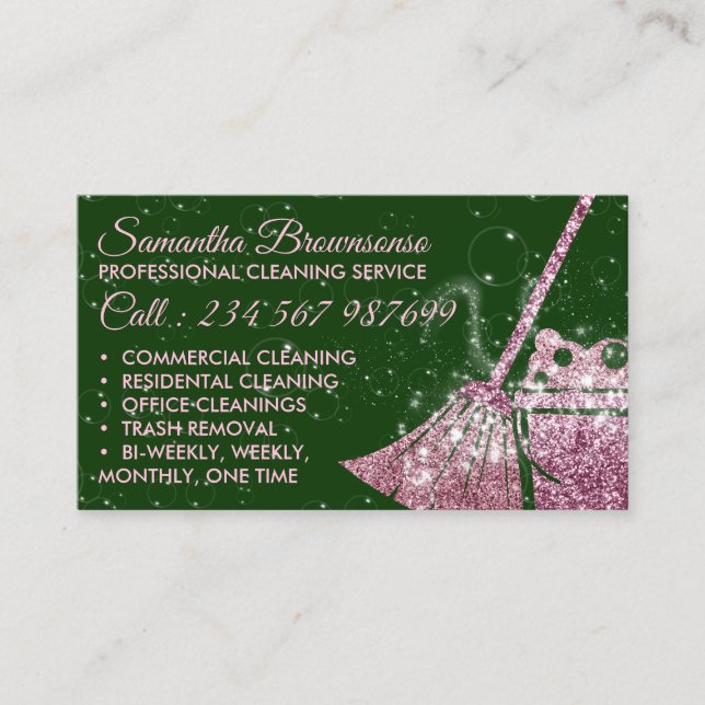 Green Pink Luxury Cleaning Service Maid Janitorial Business Card (Front)