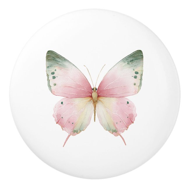 Green Pink Mint Butterfly Ceramic Knob (Front)
