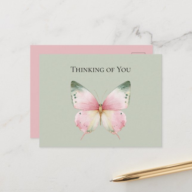 Green Pink Mint Butterfly Thinking of You Postcard (Front/Back In Situ)