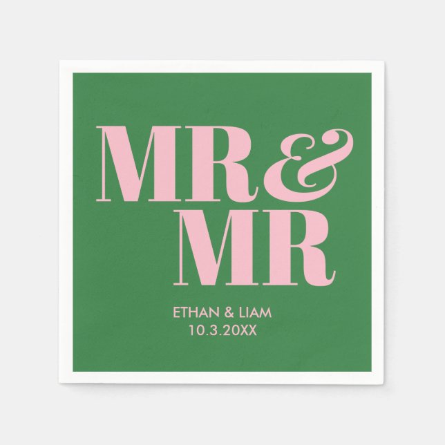 Green & Pink Mr & Mr Personalised Wedding Napkins (Front)