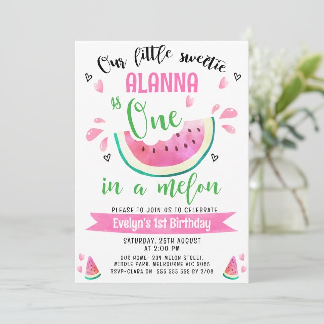 Green Pink One In A Melon 1st Birthday  Invitation (Standing Front)
