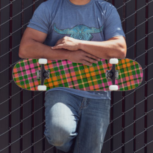 Green Pink Orange Plaid Tartan Design Skateboard