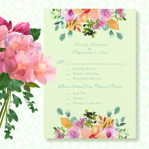 Green Pink Orange Watercolor Floral RSVP Card