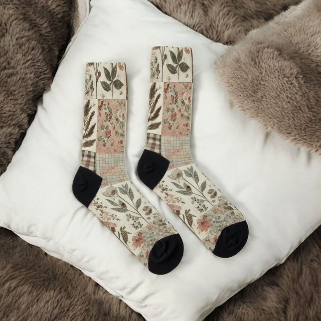 Green & Pink Patchwork Quilt Rustic Quilt Boho  Socks (Creator Uploaded)