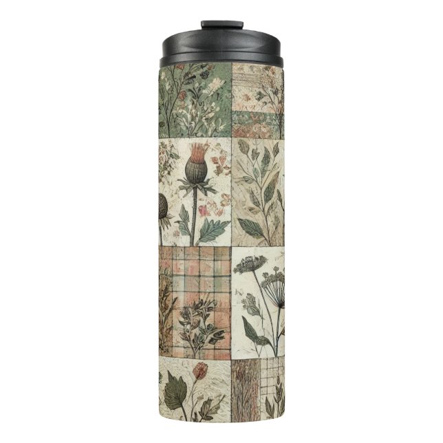 Green Pink Patchwork Quilt Rustic Retro Boho Thermal Tumbler (Front)