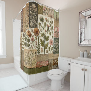 Green Pink Patchwork Rustic Retro Floral Farmhouse Shower Curtain