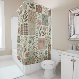 Green Pink Patchwork Rustic Retro Floral Farmhouse Shower Curtain