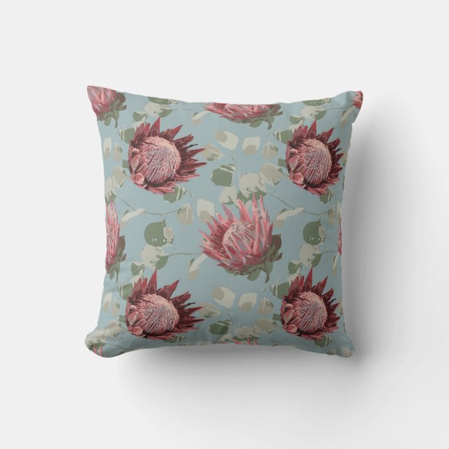 Green & Pink Protea on french blue Pillow (Front)