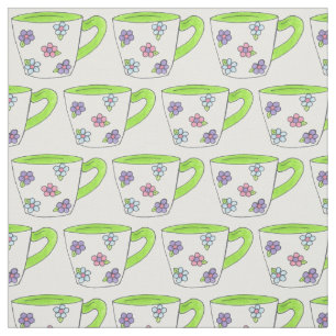 Green Pink Purple Floral Flower Print Tea Teacup Fabric
