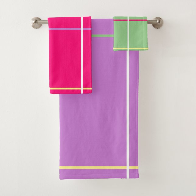 Green Pink Purple Yellow Stripes   Bath Towel Set (Insitu)