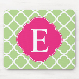 Green Pink Quatrefoil Monogram Mouse Pad