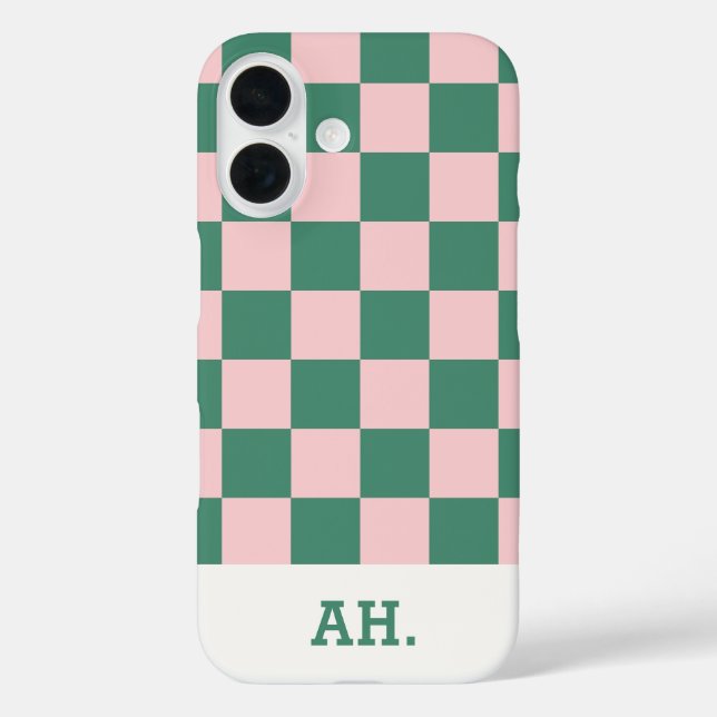 Green Pink Retro Chequered iPhone 16 case (Back)
