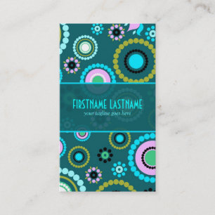 Green & Pink Retro Circle And Flowers Pattern Business Card