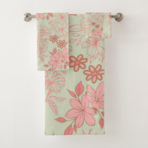 Green Pink Retro Y2K 70s Flower Pattern Bath Towel Set