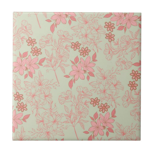 Green Pink Retro Y2K 70s Flower Pattern Ceramic Tile (Front)