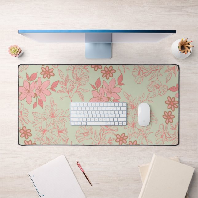 Green Pink Retro Y2K 70s Flower Pattern Desk Mat (Office 1)