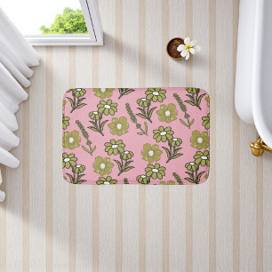 Green Pink Retro Y2K Funky Hippie Flower Pattern Bath Mat