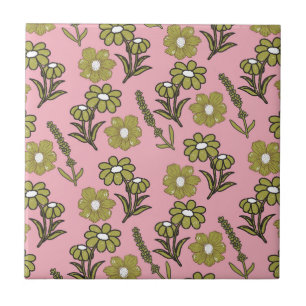 Green Pink Retro Y2K Funky Hippie Flower Pattern Ceramic Tile