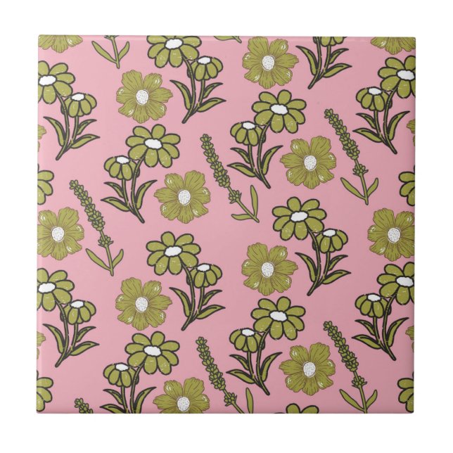 Green Pink Retro Y2K Funky Hippie Flower Pattern Ceramic Tile (Front)