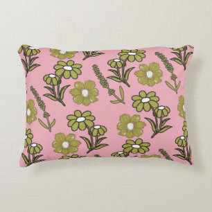 Green Pink Retro Y2K Funky Hippie Flower Pattern Decorative Cushion