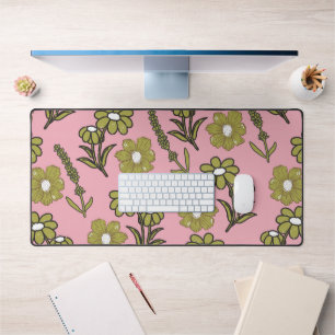 Green Pink Retro Y2K Funky Hippie Flower Pattern Desk Mat
