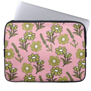 Green Pink Retro Y2K Funky Hippie Flower Pattern Laptop Sleeve