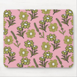 Green Pink Retro Y2K Funky Hippie Flower Pattern Mouse Pad