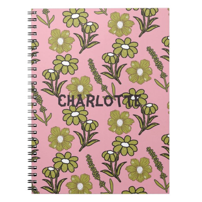 Green Pink Retro Y2K Funky Hippie Flower Pattern Notebook (Front)