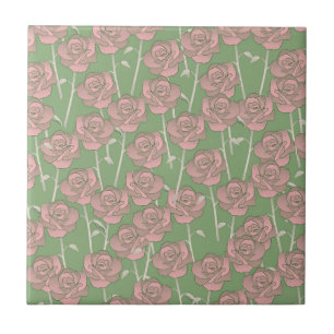 Green Pink Rose Retro Y2K 70s Flower Pattern Ceramic Tile