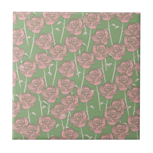 Green Pink Rose Retro Y2K 70s Flower Pattern Ceramic Tile (Front)
