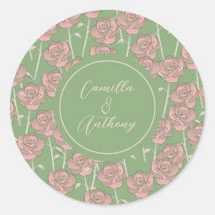 Green Pink Rose Retro Y2K 70s Flower Pattern Classic Round Sticker