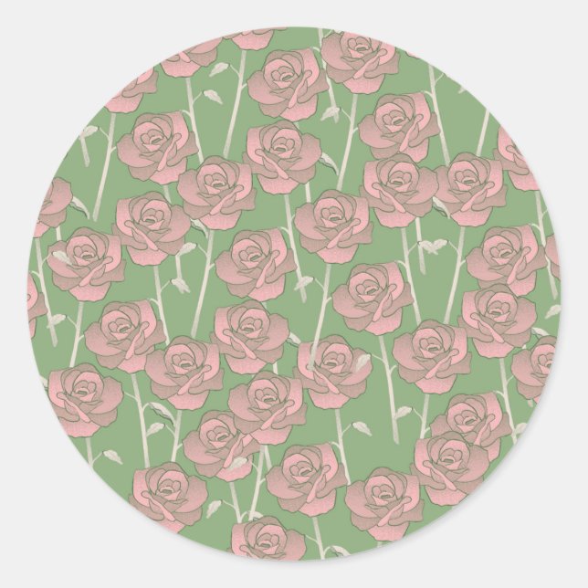 Green Pink Rose Retro Y2K 70s Flower Pattern Classic Round Sticker (Front)