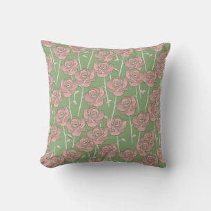 Green Pink Rose Retro Y2K 70s Flower Pattern Cushion