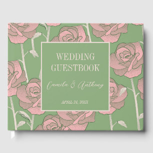 Green Pink Rose Retro Y2K 70s Flower Pattern Guest Book