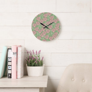 Green Pink Rose Retro Y2K 70s Flower Pattern Large Clock