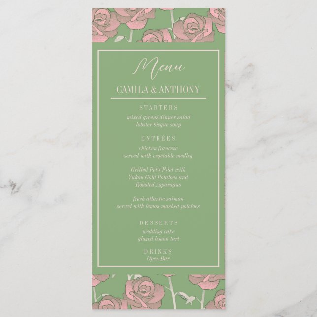 Green Pink Rose Retro Y2K 70s Flower Pattern Menu (Front)