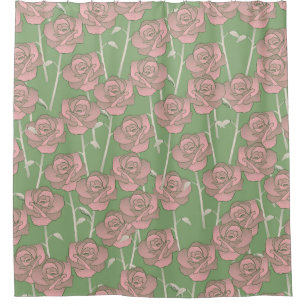 Green Pink Rose Retro Y2K 70s Flower Pattern Shower Curtain