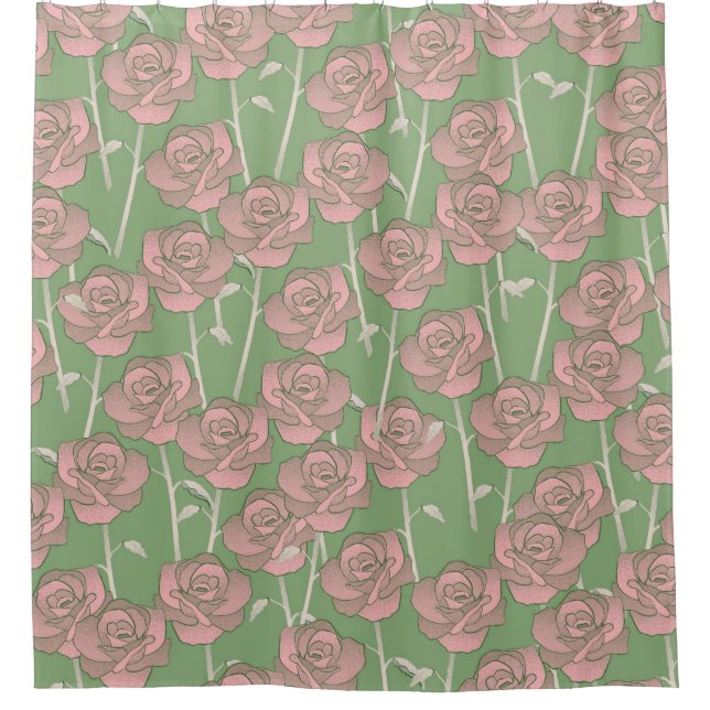 Green Pink Rose Retro Y2K 70s Flower Pattern Shower Curtain (Front)