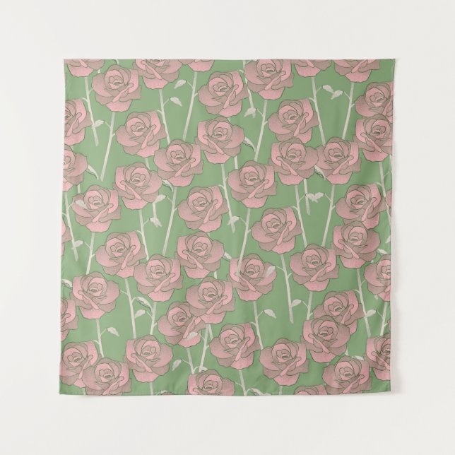 Green Pink Rose Retro Y2K 70s Flower Pattern Tapestry (Front)