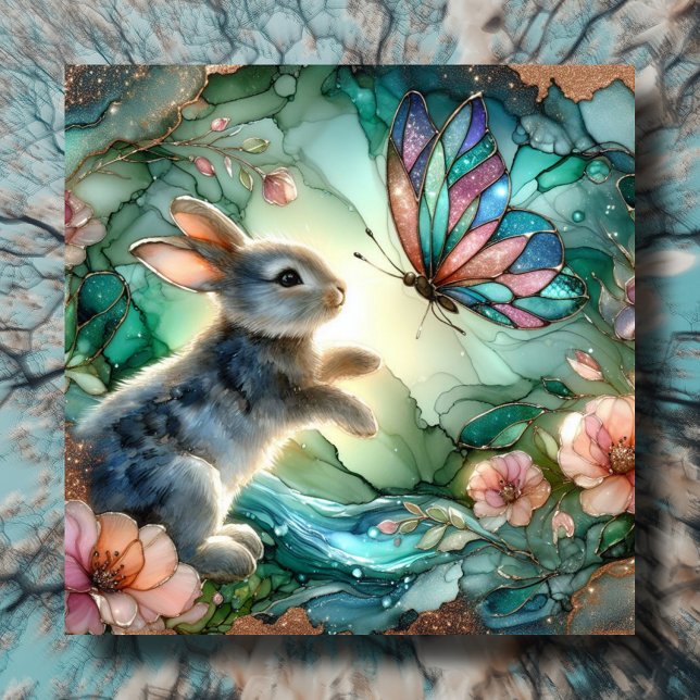 Green Pink Stained Glass Bunny Butterfly Easter Holiday Card (Creator Uploaded)