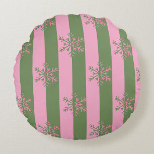 Green Pink Stripe Snowflake Christmas Round Pillow