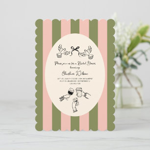 Green Pink Striped Cute illustrated Bridal Shower Invitation