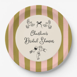 Green Pink Striped Cute illustrated Bridal Shower Paper Plate