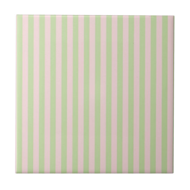Green Pink Stripes Pattern Minimal Modern Spring Ceramic Tile (Front)