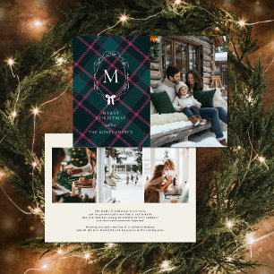 Green & Pink Tartan   Coquette Bow Monogram  Holiday Card